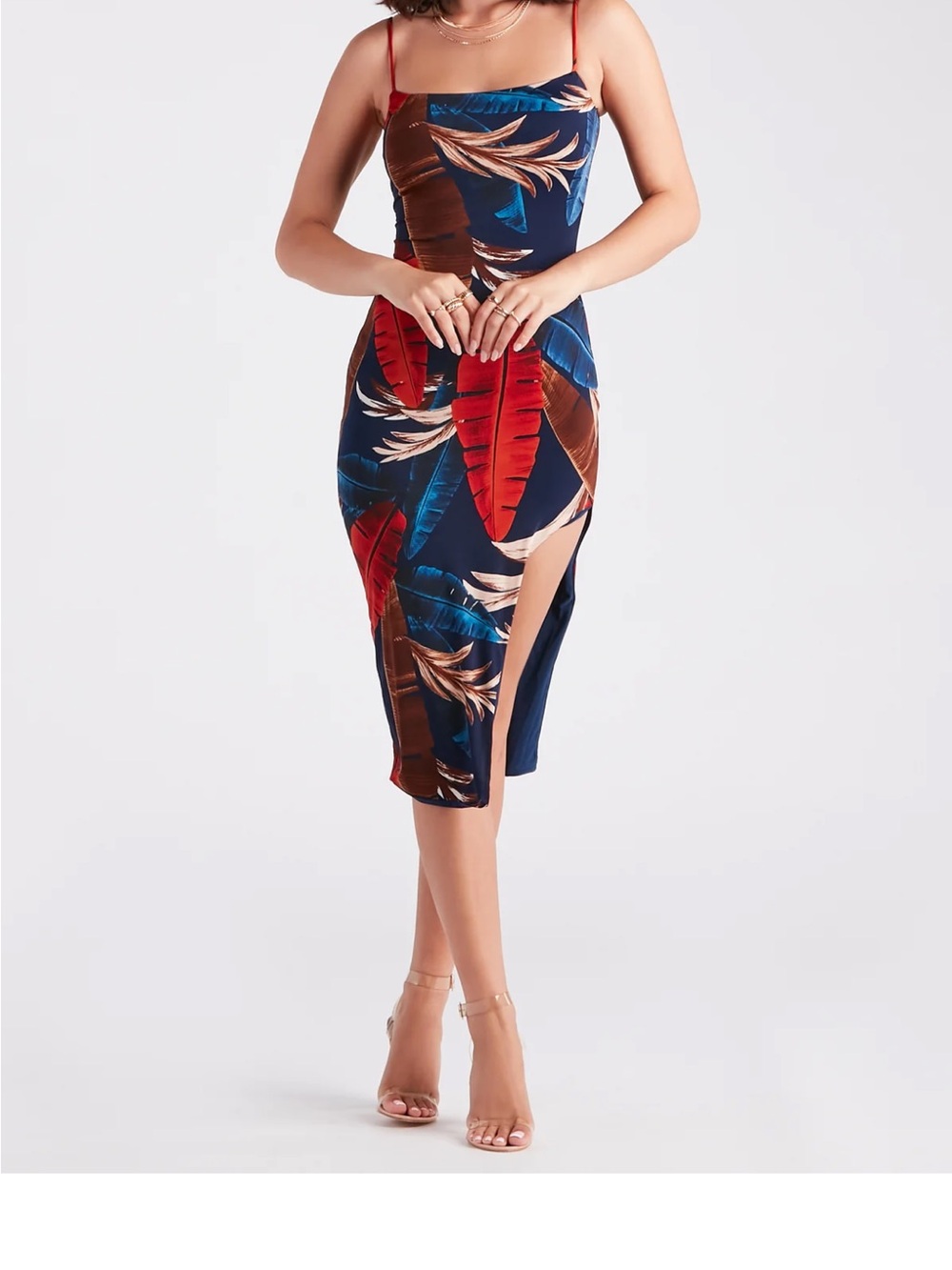 Windsor Navy Midi Dress with Red and Brown Tropical Leaves